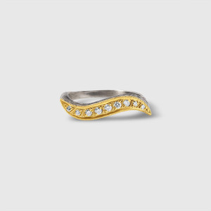 Diamond Curved Wave Ring with 24kt Gold and Textured Silver, Stacker Ring, Handmade in Istanbul, Turkey