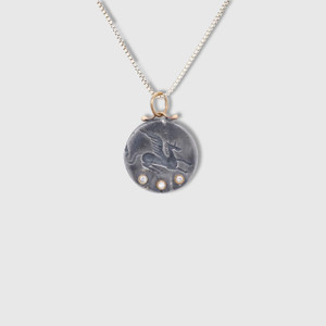 Prehistoric Works Medium Pegasus Coin Charm Amulet Pendant Necklace with Three Diamonds, 24kt Gold and Silver 