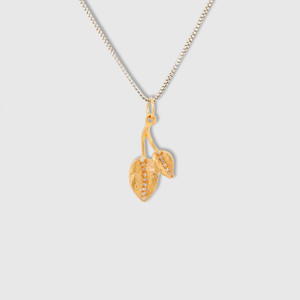 Prehistoric Works Double Leaf Charm with Diamonds, 24kt Solid Yellow Gold 