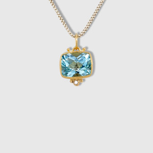 Prehistoric Works Faceted Checkerboard Bright Blue Topaz Pendant, 24K Solid Gold 