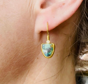 Prehistoric Works Drop Triangle 6.65 ct Turquoise Earrings with Diamond Detail in 24kt Gold 