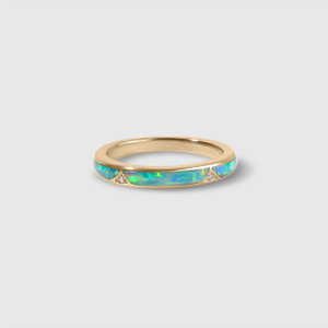 High Grade Opal Inlay Ring, 14kt Yellow Gold with Diamonds, Opal and Diamond Stacker Ring by Kabana