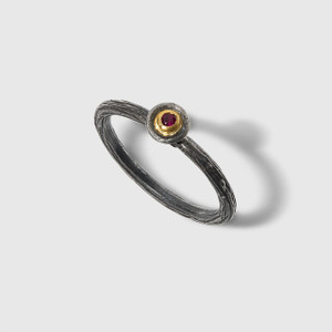 Prehistoric Works Sterling Silver Textured Stacker Ring with Ruby and 24kt Gold 