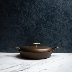 Cast Iron Braising Pan with Lid, 12" with Brass Hardware, made in the USA by Nest Homeware of Providence, Rhode Island | available in the elk & HAMMER Gallery of Bozeman, Montana, curated by Ashley Childs