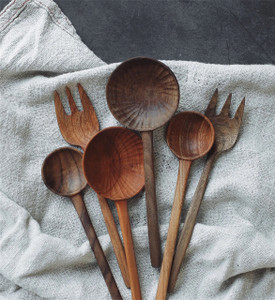  Hand-carved Walnut Wood Spoons & Fork Set (Set of Three) 