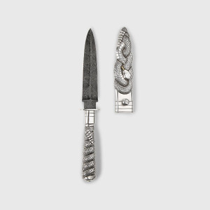 Sterling Silver Snake Dagger with Damascus Blade by Nicanor Crotto of Buenos Aires, Argentina, Hand-forged damascus blade with sterling silver snake, scabbard and handle.