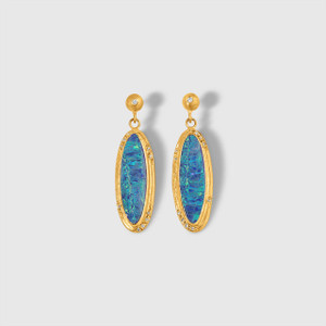 Kurtulan Long, Oval Doublet Opal Post Earrings with Diamonds, 24kt Solid Yellow Gold 