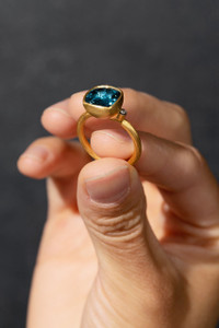 Kurtulan Checkerboard London Blue Topaz Ring with Side Diamonds 