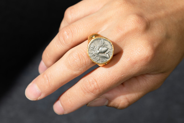 Kurtulan Ancient Bee Coin Statement Signet Ring, 24K Gold & Diamonds, on model