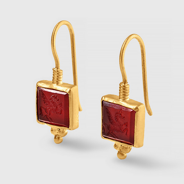 Kurtulan red agate Pegasus intaglio, ancient coin, drop earrings in 24k gold fused silver frame, front view