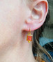 Kurtulan red agate Pegasus intaglio, ancient coin, drop earrings in 24k gold fused silver frame, front view, on model.