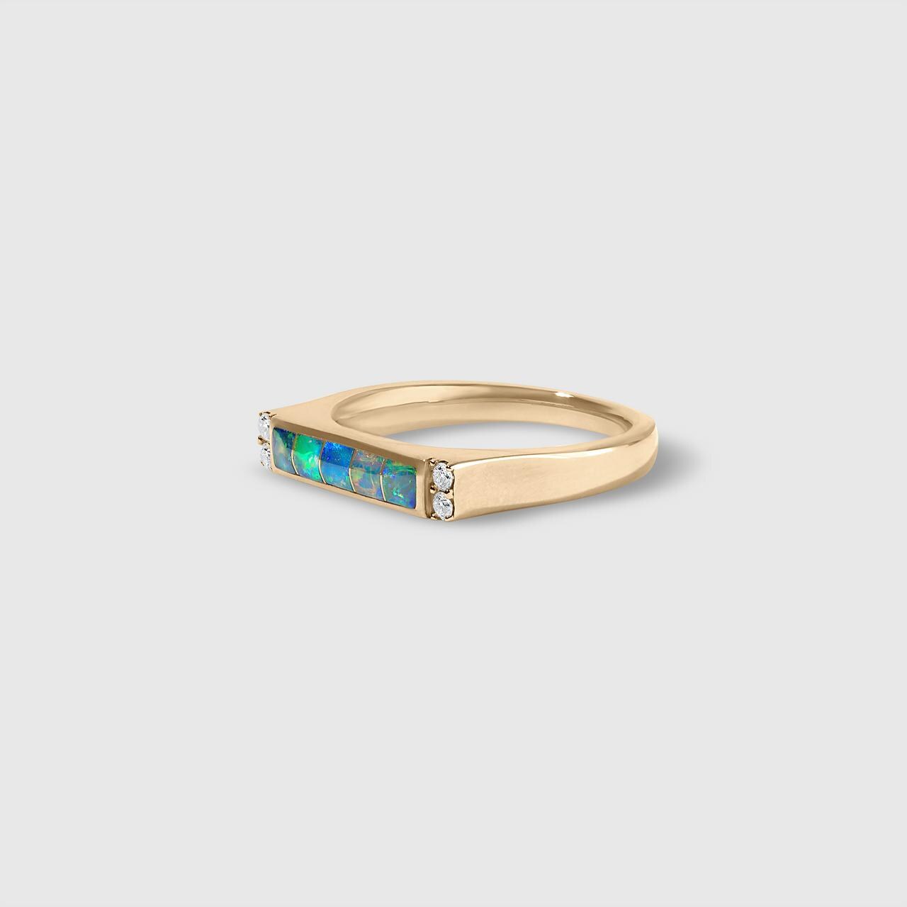 Rectangular, High Grade, Five-Star ⭐️⭐️⭐️⭐️⭐️, Australian Opal Inlay Ring  with Side Diamonds