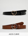 ASOS DESIGN Curve 2 pack heart and circle buckle waist and hip belts