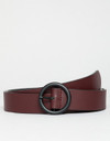Faux leather slim belt in burgundy with matte black circle buckle