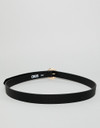 Faux leather slim belt in black saffiano with gold circle buckle