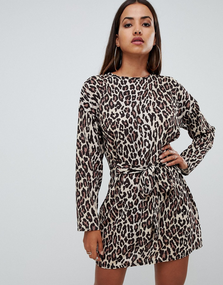 PrettyLittleThing tie waist dress in leopard Dress