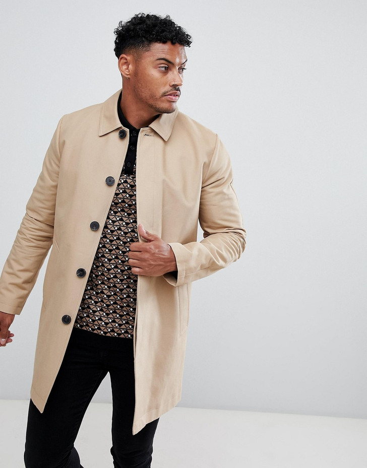 ASOS DESIGN shower resistant single breasted trench in stone