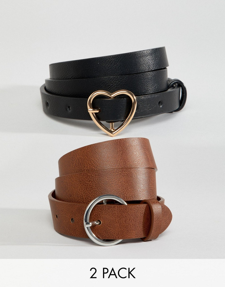 ASOS DESIGN 2 pack heart and circle buckle waist and hip belts