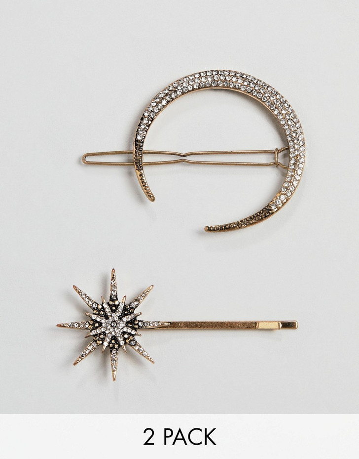 Accessorize 2 multipack crystal moon and star hair slides