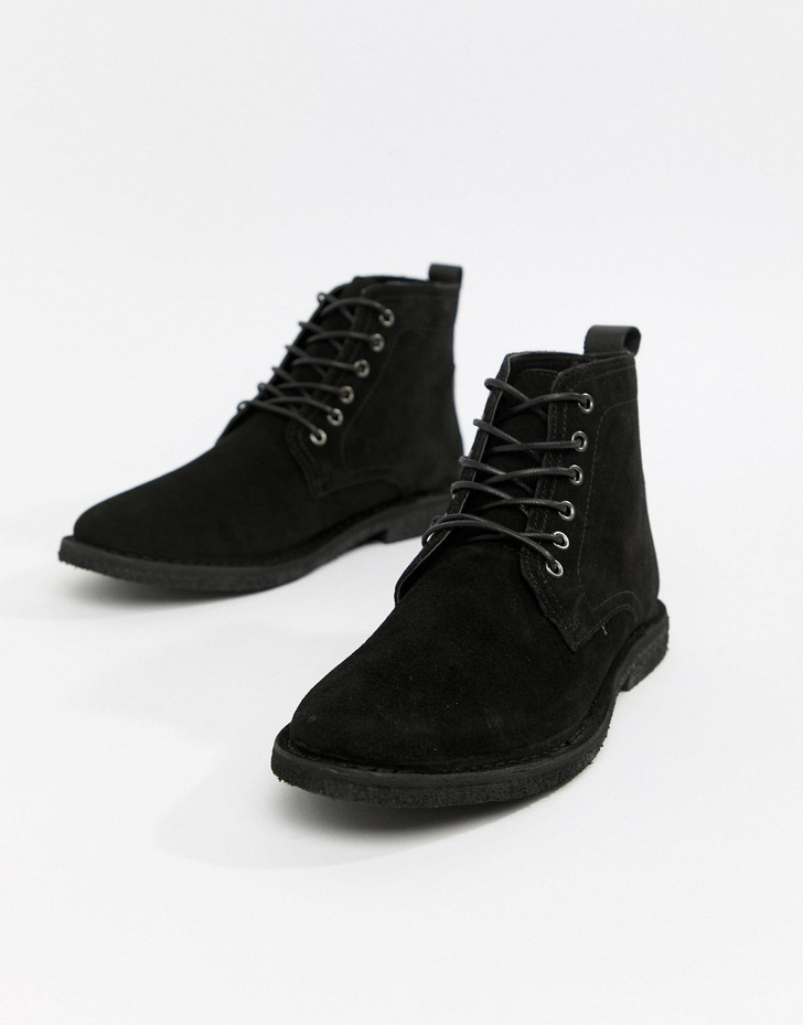 ASOS Wide Fit Desert Boots In Black Suede With Leather Detail