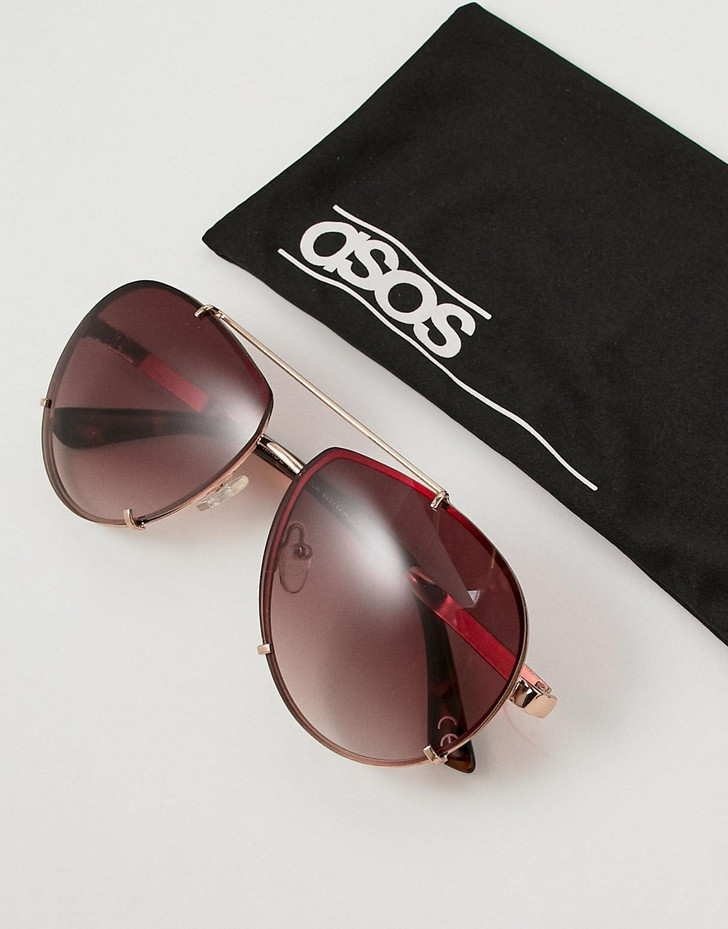 ASOS DESIGN angled aviator with gold metal with laid on lens
