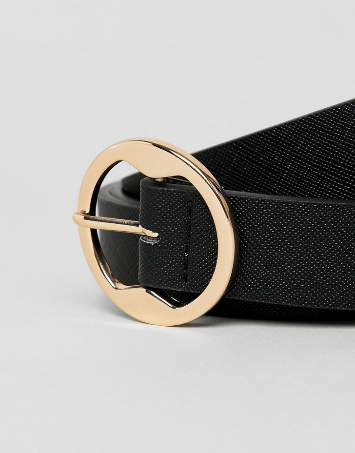 Faux leather slim belt in black saffiano with gold circle buckle