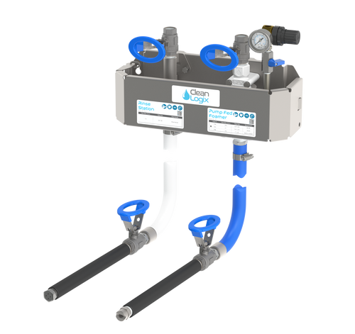 The SLX Foam and Rinse multi-station all-in-one cleaning system for industrial processing equipment using ready to use (RTU) cleaning solutions (35-125 PSI) from one location using multiple hose drops.