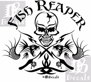 Fish Reaper Skull Tribal Fishing Rod Car Boat Truck Window Vinyl Decal Sticker Black Fish Reaper Skull Tribal Fishing Rod Car Boat Truck Window Vinyl Decal Sticker Black