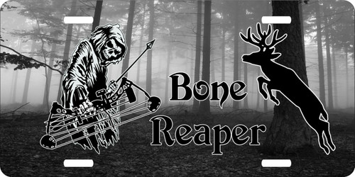 Bone Grim Reaper Bow Arrow Hunting Deer Hunter License Plate Car Truck Tag  Black