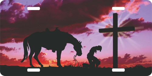 Christian Cowboy Praying Cross Horse Sunset Rodeo License Plate Car Truck Tag