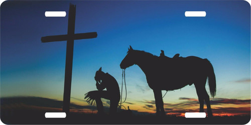 Christian Cowboy Praying Cross Horse Sunset Western License Plate Car Truck Tag