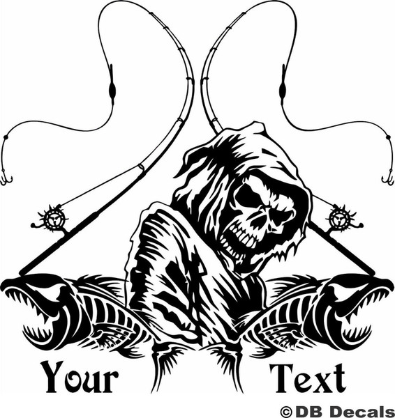 Fishing Fish Grim Reaper Skull Custom Text Car Truck Window Vinyl Decal Sticker Black