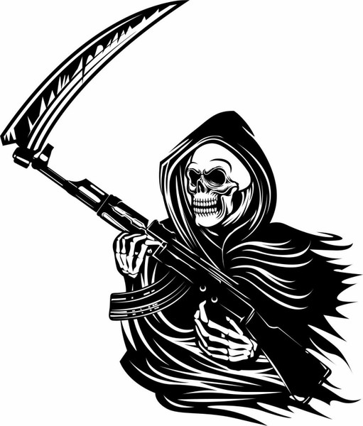 Grim Reaper Machine Gun Rifle Scythe Skull Window Laptop Vinyl Decal Sticker Black And White