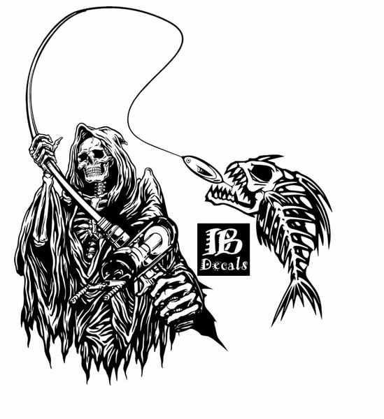 Grim Reaper Fishing Skeleton Rod Reel Boat Car Truck Window Vinyl Decal Sticker