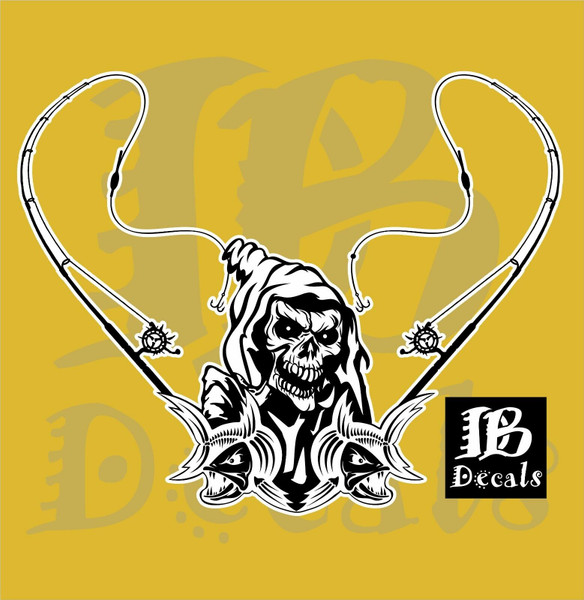 Fishing Grim Reaper Skull Rod Reel Boat Car Truck Window Vinyl Decal Sticker