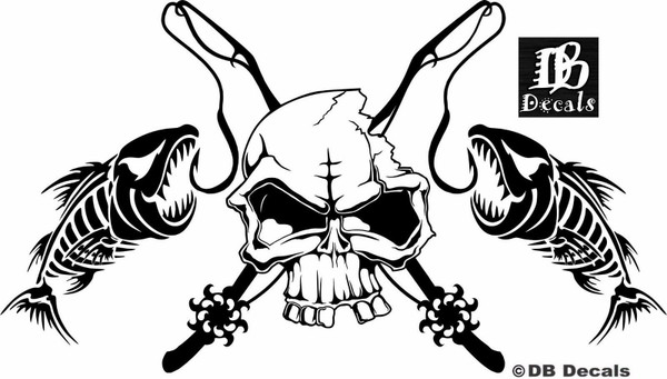 Fishing Skull Skeleton Fish Rod Reel Hook Car Truck Window Vinyl Decal Sticker Black