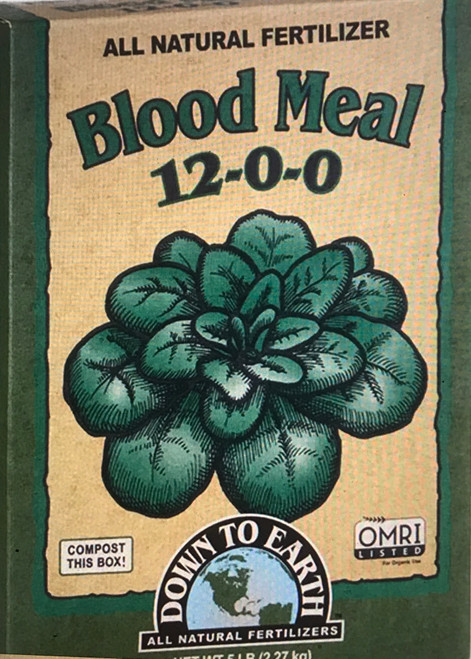 Down To Earth Blood Meal 12-0-0 Fertilizer
A source of high Nitrogen, our Blood Meal promotes rapid, green growth. A wonderful fertilizer for heavy feeders like corn, spinach, salad greens and garlic in the early spring. It also helps compost piles heat up and break down fast.

5 lb. Box

OMRI Listed (Organic Materials Review Institute)
CDFA Listed (Registered Organic Input Material)