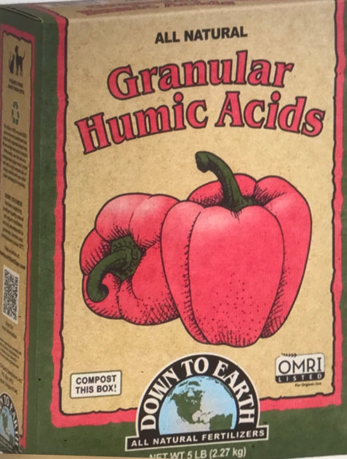 Down To Earth Granular
 Humic Acids
A highly concentrated source of humic acids ideal for use on fields, turf and vegetable gardens. Derived from the ancient remains of decomposed organic plant materials, humic acids enhance nutrient uptake and stimulate soil microbial life. Naturally occurring, unaltered oxidized lignite containing 70% total humic, fulvic acids.

5 lb. Box

OMRI Listed (Organic Materials Review Institute)
CDFA Listed (Registered Organic Input Material)