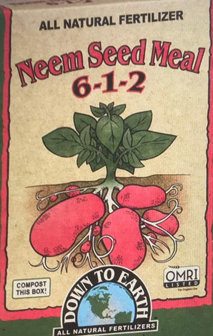 Down To Earth Neem Seed Meal 6-1-2 Fertilizer
Neem Seed Meal is produced during the extraction of oil from the seed of the Indian Neem tree (Azadiracta indica). It is an excellent way to strengthen root systems and balance nutrient levels in the soil. Neem Seed Meal can be mixed into soil or potting mediums, used as a top dress or steeped to make a potent foliar tea.

5 lb. Box

OMRI Listed (Organic Materials Review Institute)
CDFA Listed (Registered Organic Input Material)