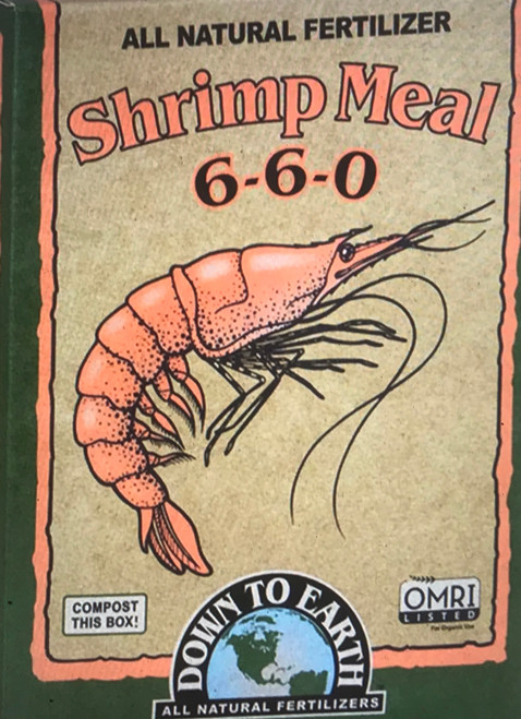 Down To Earth Shrimp Meal 6-6-0 Fertilizer
An excellent all purpose organic fertilizer derived from ground Pacific Northwest shrimp shells. Rich in Nitrogen, Phosphorus and Calcium, Shrimp Meal is wonderful for all types of garden vegetables, flowers, herbs and ornamentals, and also acts as an exceptional compost bio-activator.

2 lb. Box

OMRI Listed (Organic Materials Review Institute)
CDFA Listed (Registered Organic Input Material)