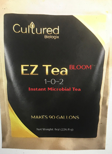 EZ Tea Bloom is an instant microbial tea that contains all the aspects of a compost tea, but without the mess, hassle, or smell of brewing compost tea. This flower-specific formulation contains:

    Beneficial Microorganisms (phosphorus-solubilizing & composting bacteria)
    Enzymes (protease & cellulase)
    Pre-Biotics (proteins, carbohydrates, etc.)
    Plant Growth Promoting Substrate (trace minerals for flower development, chelated calcium, humic acids, and seaweed extracts.)

Safe for reservoirs, propeller pumps, and pressurized irrigation systems (Sprinkler and Drip Irrigation Systems). Resistant to chlorinated water, pH swings (4.0 – 9.0), and excessive PPM (2000+).
Beneficial Bacteria

Bacillus amyloliquefacians
Bacillus licheniformis
Bacillus megaterium
Bacillus mucilaginosus
Bacillus subtilis
Pseudomonas putida
Application Information

Container Plants (Soil / Soilless): Mix 1 tsp. – 2 tsp. (2.5 – 5.0 grams) of EZ Tea Bloom per 1 gallon of water. Apply once a week throughout the blooming phase of plant growth. No brewing necessary. For best results, use in between feedings.

Compost Tea Accelerator:

Mix 1 TBL (7.5 grams) of EZ Tea Bloom per 5 gallons compost tea solution before brewing. Let compost or worm castings brew with EZ Tea Bloom for 12 to 24 hours then apply to plants.