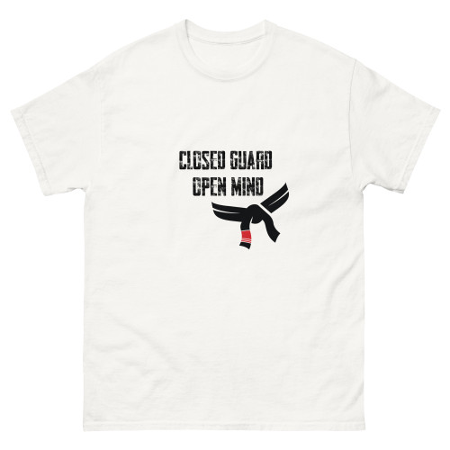 White Unisex Classic Tee featuring the Closed Guard - Open Mind design, front view