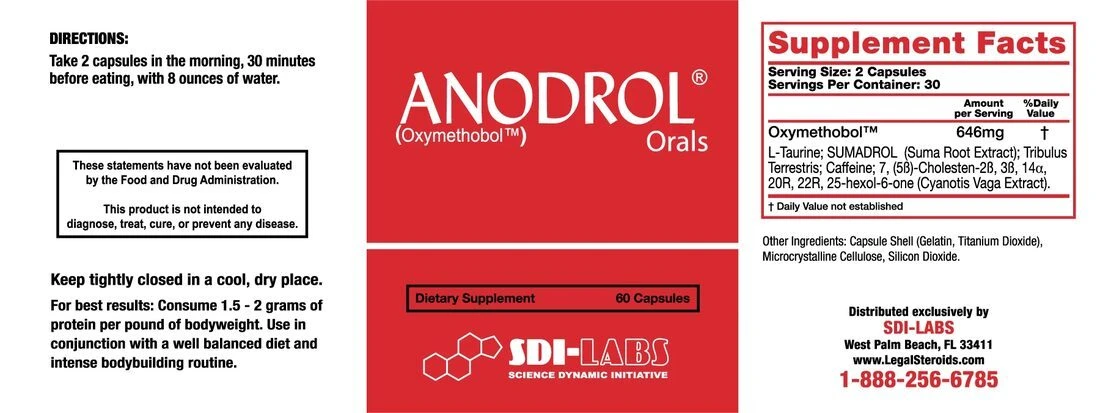 Anodrol&trade; (Oxymethobol&trade;) Supplement Facts Label &ndash; 646mg per 2-Capsule Serving, 60 Capsules