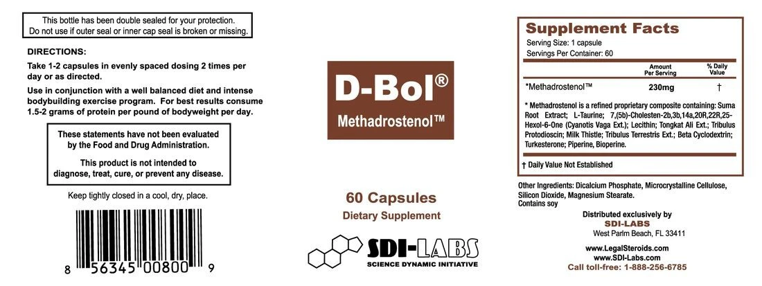 D-BOL&reg; (Methadrostenol&trade;) Supplement Facts Label &ndash; 230mg per Capsule, 60 Capsules