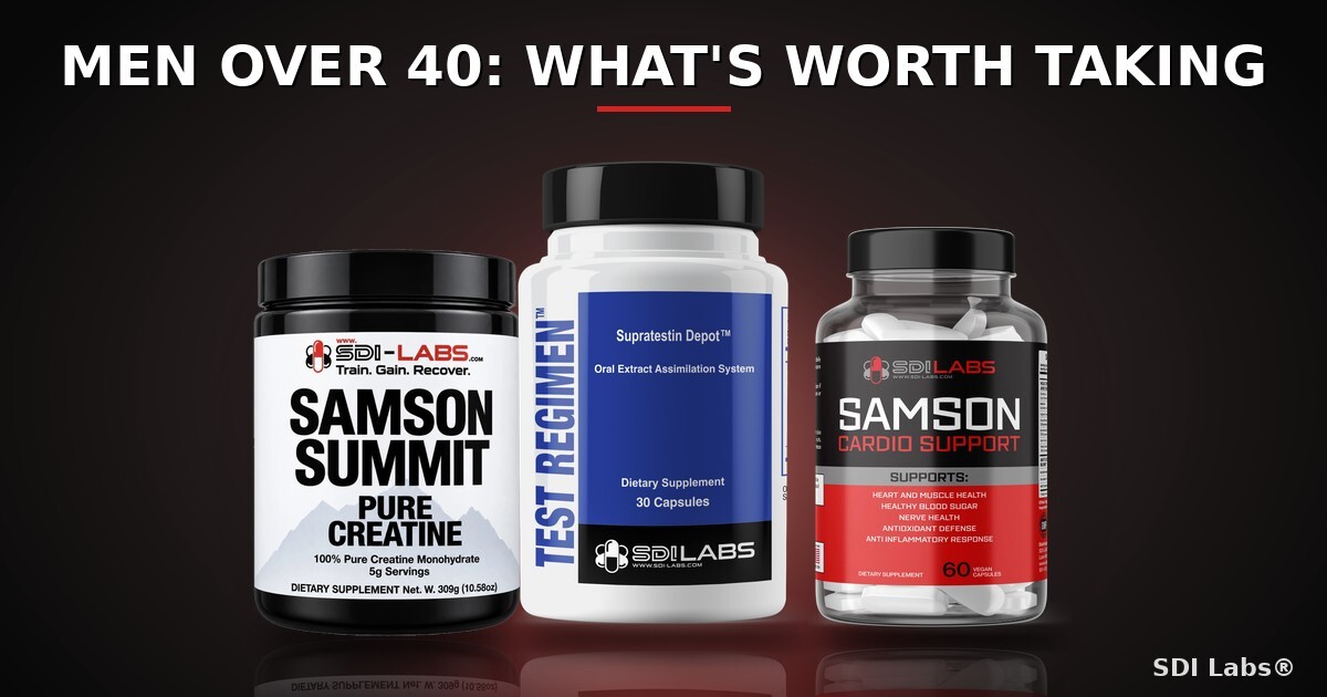 Three SDI Labs supplement containers side by side on a white background: Samson Summit™ creatine monohydrate tub, Test Regimen™ capsule bottle, and Samson Cardio Support capsule bottle