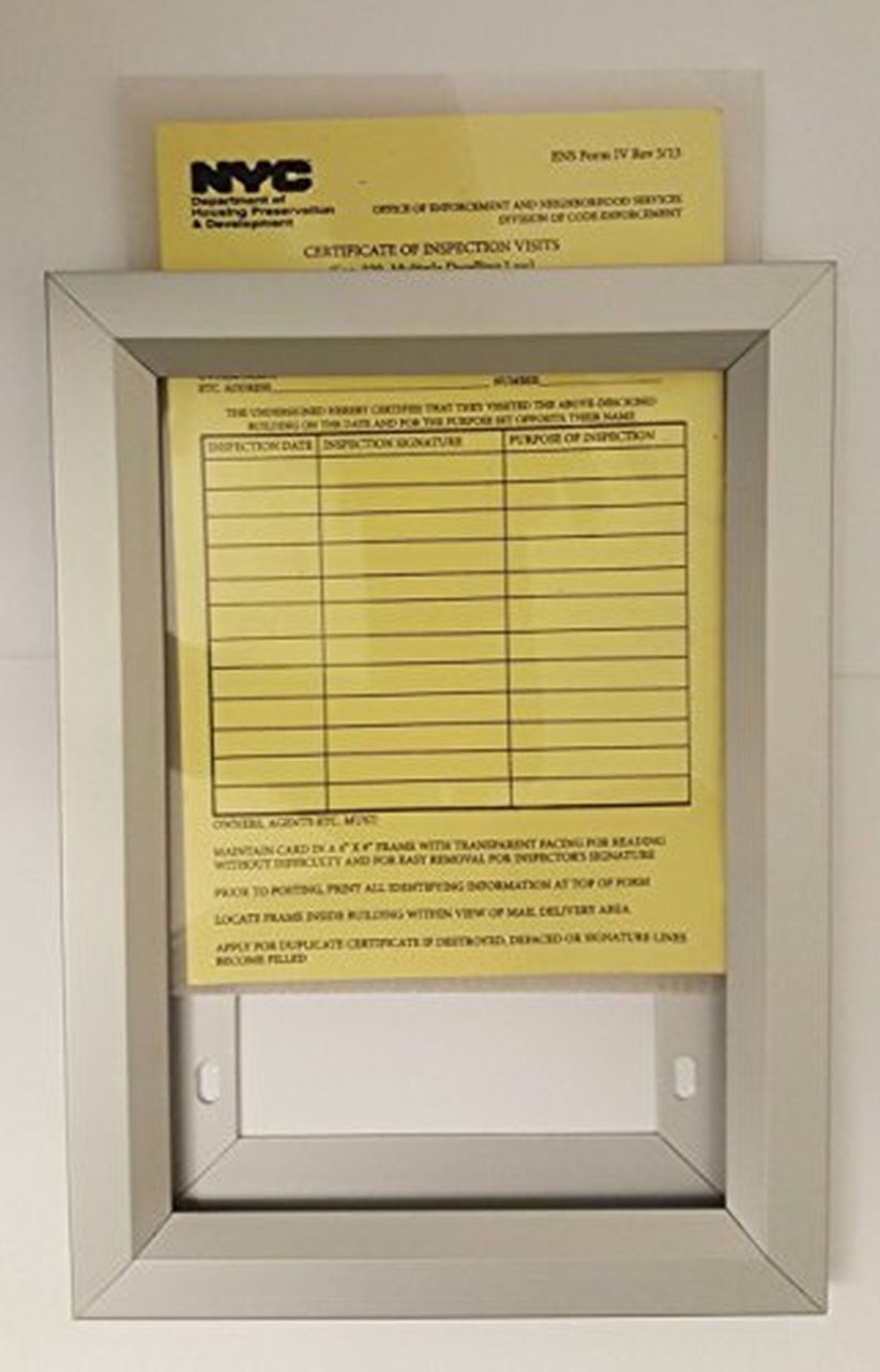 HPD Certificate of Inspection Visit Frame 6x9 | NYC DOB & Elevator