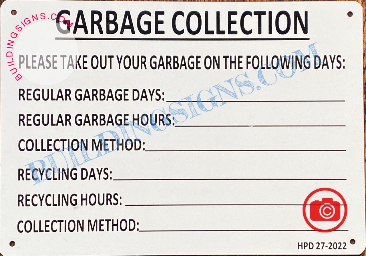 HPD garbage collection sign, NYC garbage schedule sign, HMC 27-2022 sign