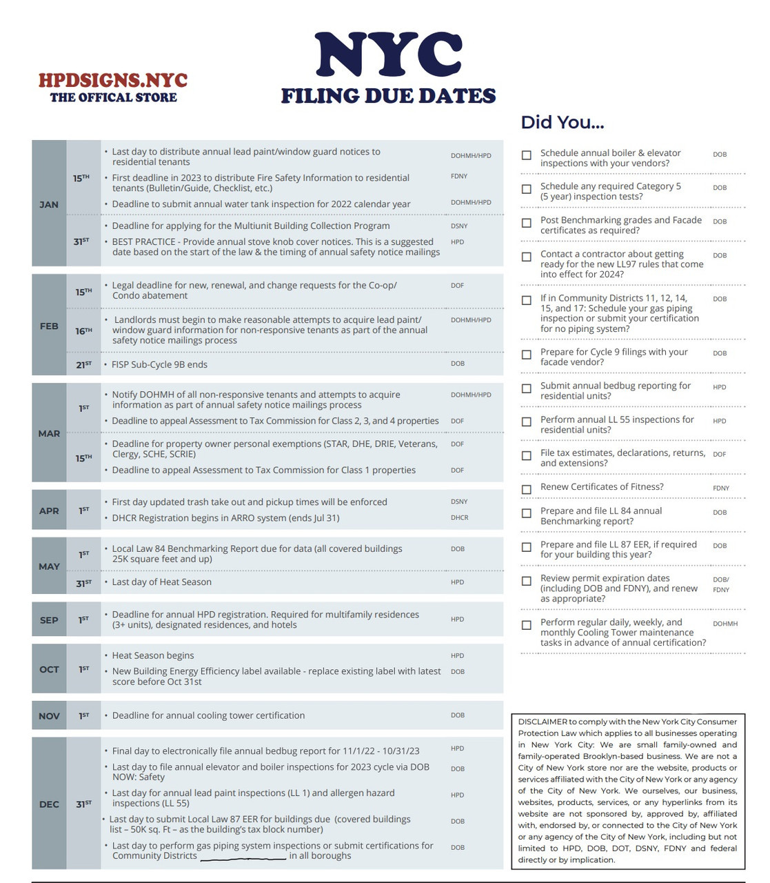 NYC Filing Due Dates Calendar | HPD, DOB, FDNY, DOF & DSNY Compliance ...