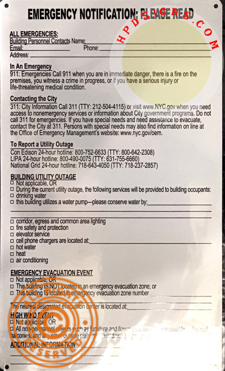 HPD Disaster Response Signage /Emergency Notification SIGN