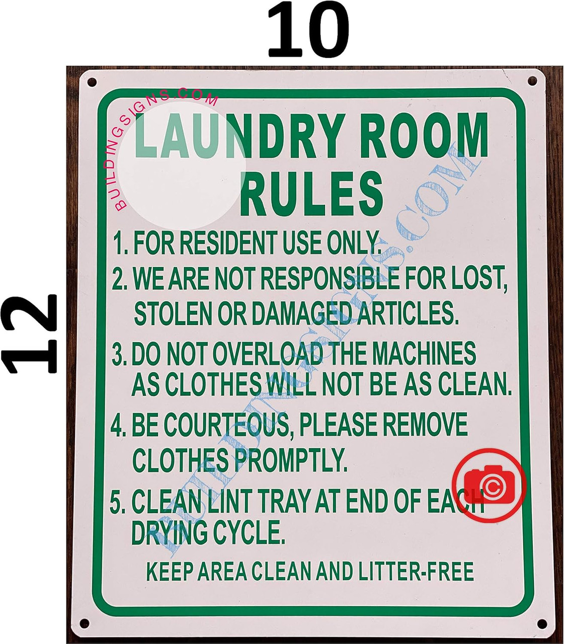 LAUNDRY ROOM RULES SIGN (White ,ALUMINIUM 10x12 -Rust Free )